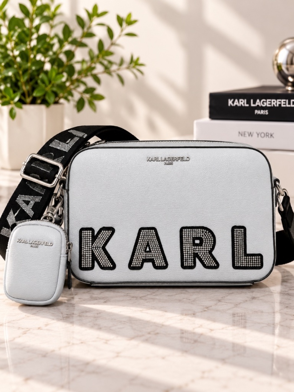NWT Karl Lagerfeld KARL Rhinestone Camera Crossbody Bag Gray w/ Mini Pouch